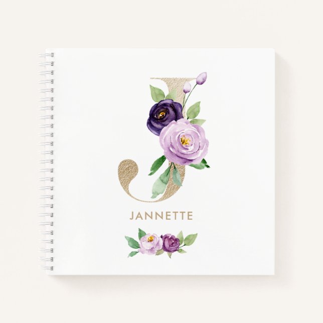 Pretty Violet Floral Gold Foil Letter J Monogram Notebook (Front)