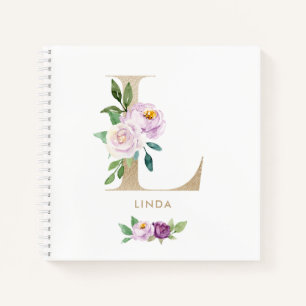 Pretty Violet Floral Gold Foil Letter L Monogram Notebook