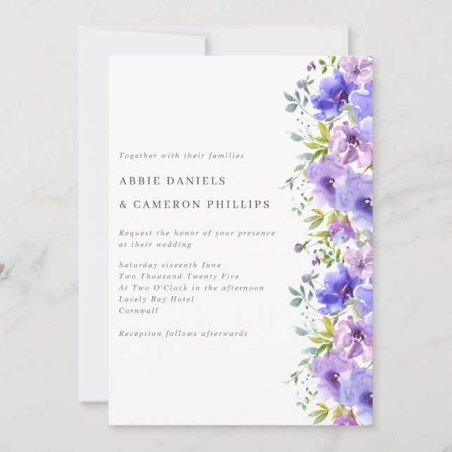 Pretty Violet Flowers Border Wedding Invitation (Front)