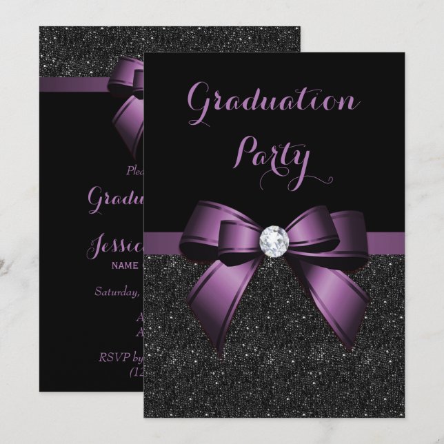 Pretty Violet Gem Bow & Glitters Graduation Invitation (Front/Back)