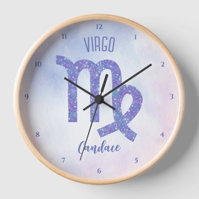 Pretty Virgo Astrology Sign Personalized Purple Clock (Front)