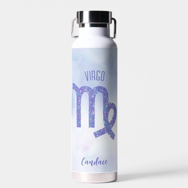 Pretty Virgo Astrology Sign Personalized Purple Water Bottle (Front)