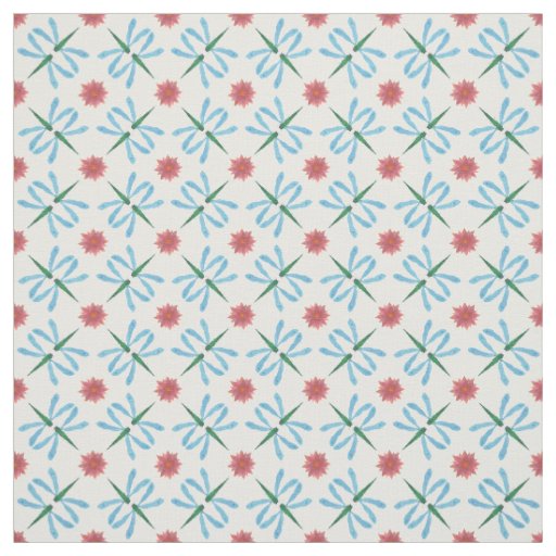 Pretty Water Lilies and Dragonflies on Blue Fabric