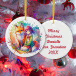 Pretty Watercolor Anime Girl and Fox Christmas Ceramic Ornament<br><div class="desc">Personalized Christmas ornament. Pretty watercolor ai art on stickers for a little girl. A fox with an anime girl in pink,  green,  blue and orange.</div>