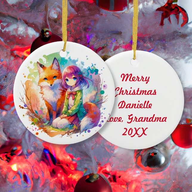 Pretty Watercolor Anime Girl and Fox Christmas Ceramic Ornament (Creator Uploaded)