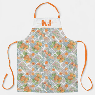 Pretty Watercolor Azulejo Apricot Tiles Monogram Apron