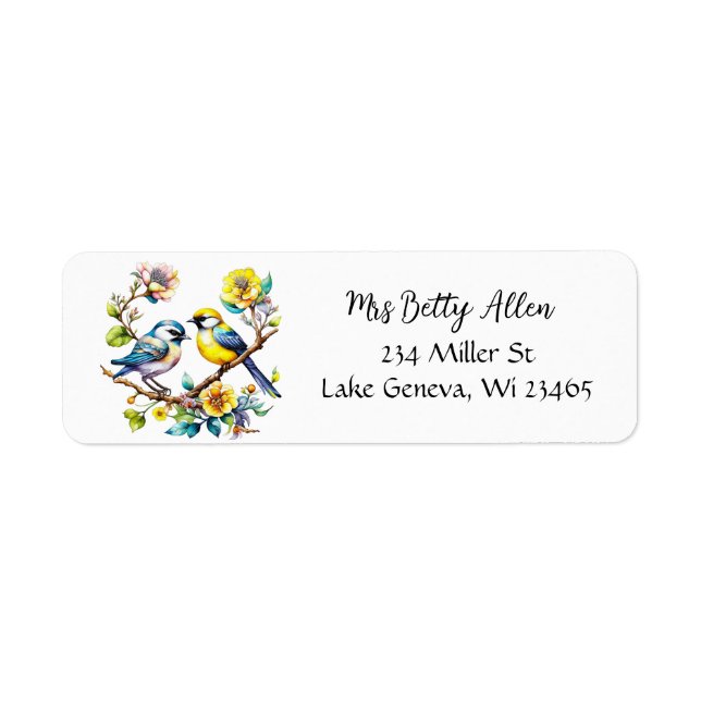Pretty Watercolor Birds and Flowers Label (Front)