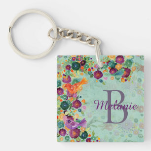 Pretty Watercolor Birds and Flowers Personalised Keychain