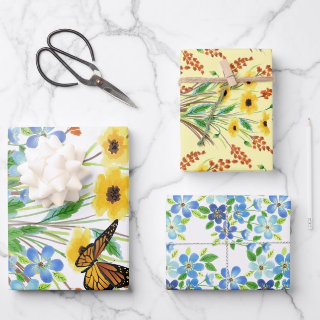 Pretty Watercolor Blue and Yellow Flowers Wrapping Paper Sheets (Front)