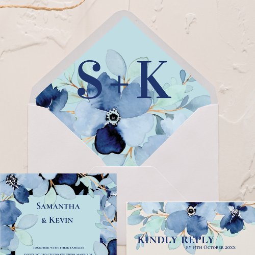 Pretty Watercolor Blue Floral Monogram Wedding  Envelope