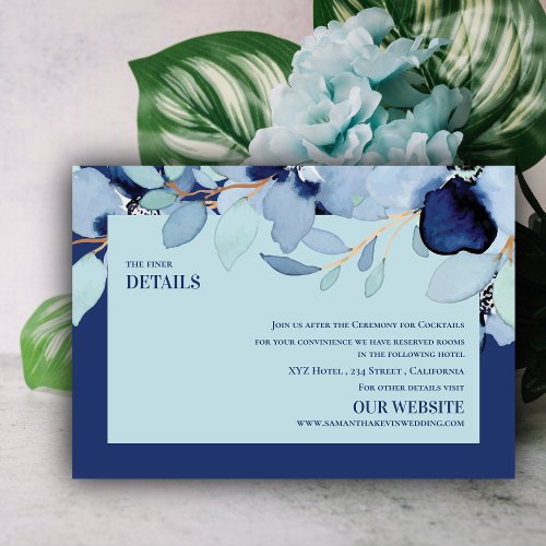 Pretty Watercolor Blue Floral Wedding Details Enclosure Card