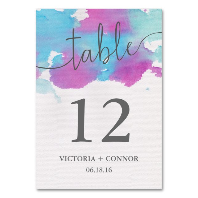 Pretty Watercolor Blue Purple Wedding Table Number (Front)