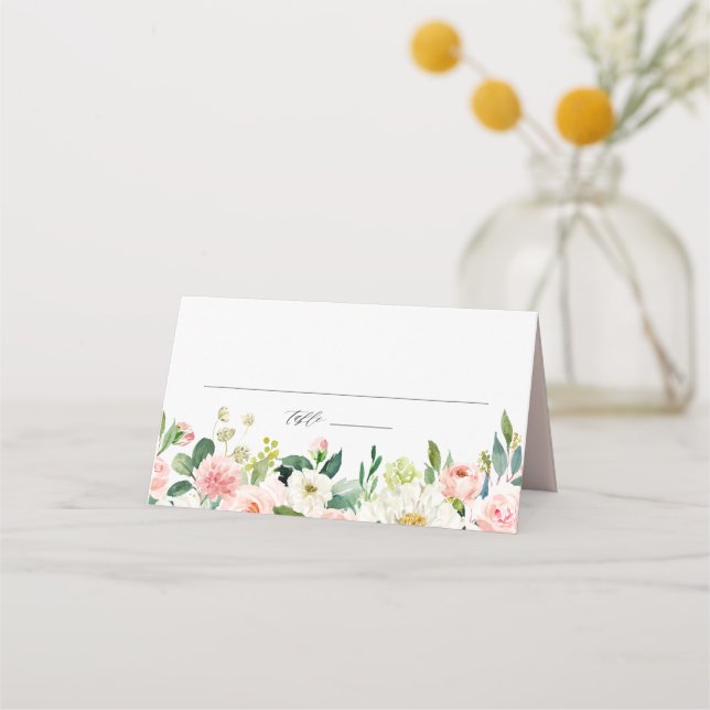Pretty Watercolor Blush and White Flowers Wedding Place Card (Front)