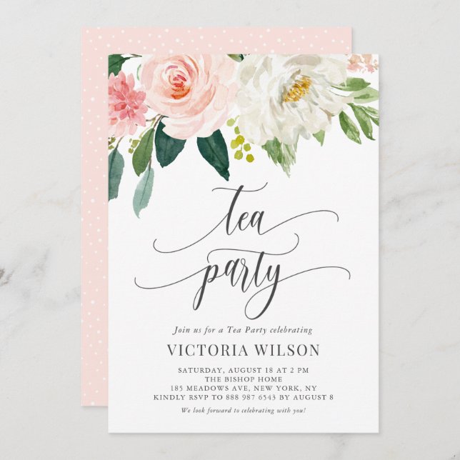 Pretty Watercolor Blush Flowers Gray Tea Party Invitation (Front/Back)