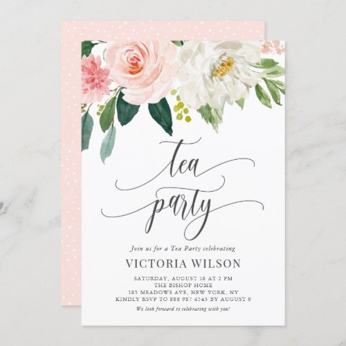 Pretty Watercolor Blush Flowers Gray Tea Party Invitation