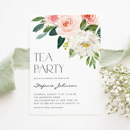 Pretty Watercolor Blush Pink Flowers Tea Party Invitation