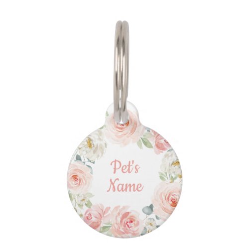 Pretty Watercolor Blush Pink Rose Floral Wreath Pet ID Tag