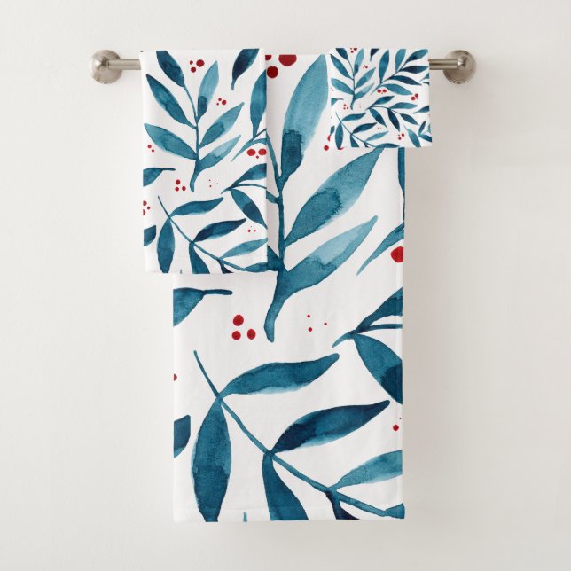 Pretty watercolor branches – turquoise and red bath towel set (Insitu)
