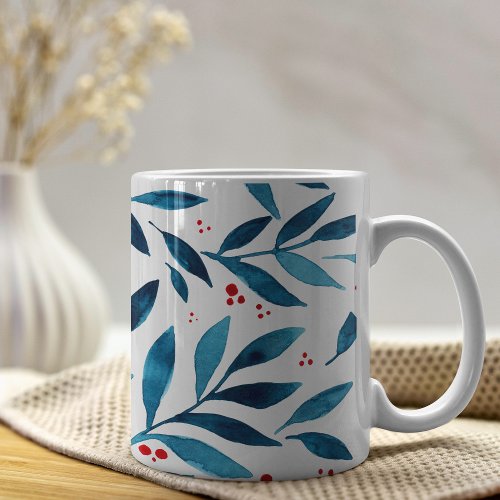 Pretty watercolor branches  turquoise and red  coffee mug