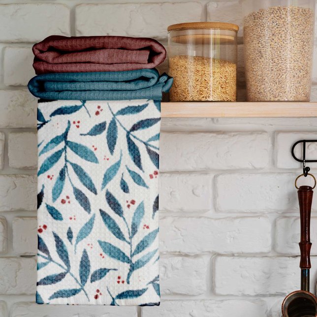 Pretty watercolor branches – turquoise and red  kitchen towel (Creator Uploaded)