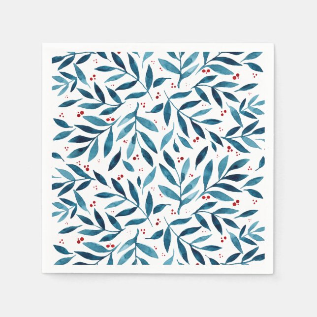 Pretty watercolor branches – turquoise and red  napkins (Front)