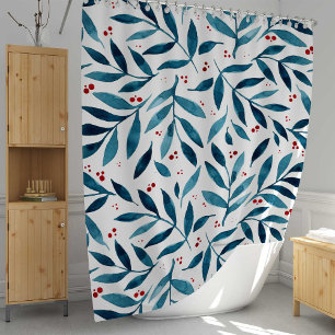 Pretty watercolor branches – turquoise and red shower curtain