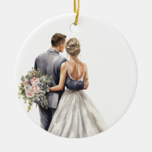 PRETTY WATERCOLOR BRIDE AND GROOM WEDDING CERAMIC ORNAMENT