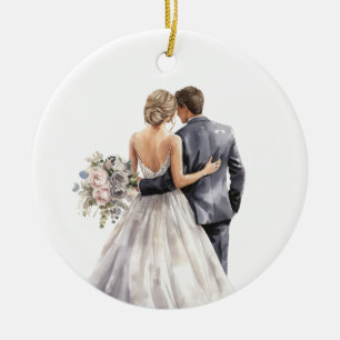 PRETTY WATERCOLOR BRIDE AND GROOM WEDDING CERAMIC ORNAMENT