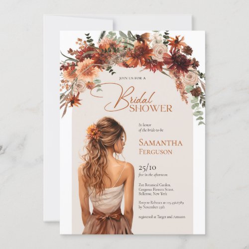 Pretty watercolor bride terracotta fall bouquet  invitation