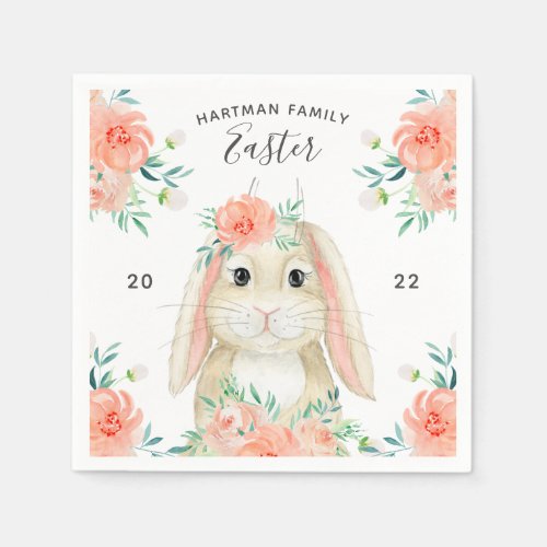 Pretty Watercolor Bunny Floral Easter Name Napkins