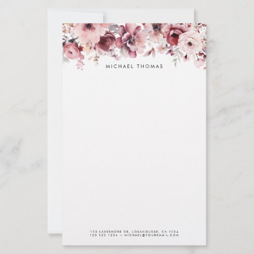 Pretty Watercolor Burgundy and Blush Flowers Stationery