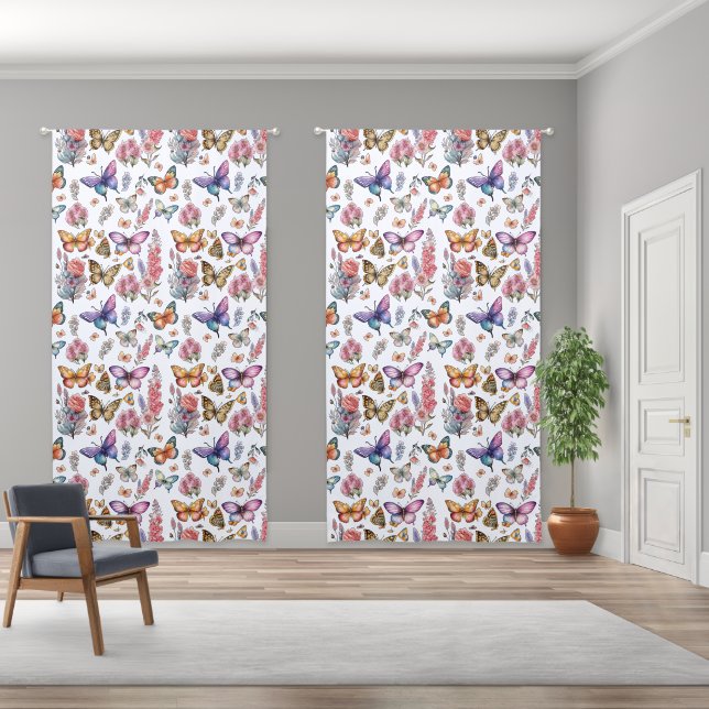 Pretty Watercolor Butterfly Floral Garden Pattern Blackout Curtains (Wide)