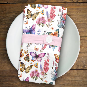 Pretty Watercolor Butterfly Floral Garden Pattern Cloth Napkin