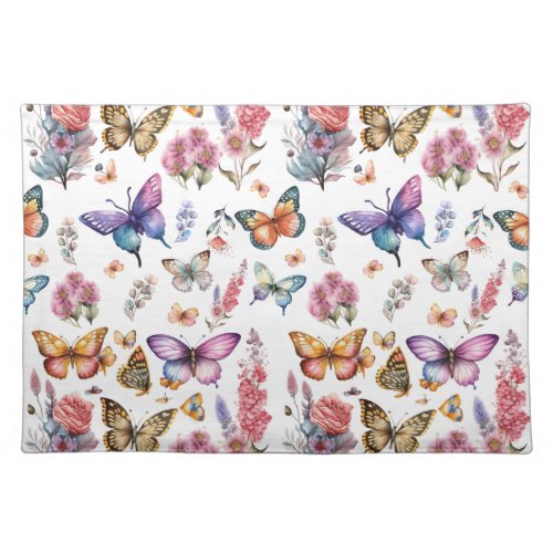 Pretty Watercolor Butterfly Floral Garden Pattern Cloth Placemat