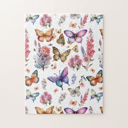 Pretty Watercolor Butterfly Floral Garden Pattern Jigsaw Puzzle