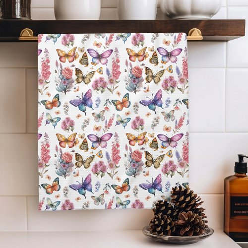 Pretty Watercolor Butterfly Floral Garden Pattern Kitchen Towel