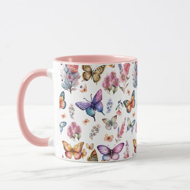 Pretty Watercolor Butterfly Floral Garden Pattern Mug (Left)