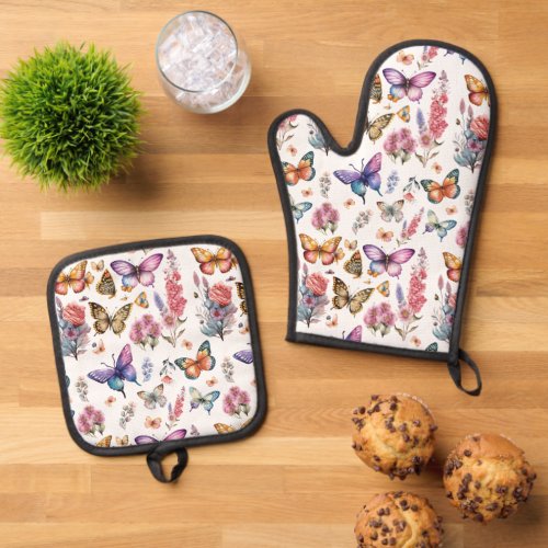 Pretty Watercolor Butterfly Floral Garden Pattern Oven Mitt  Pot Holder Set