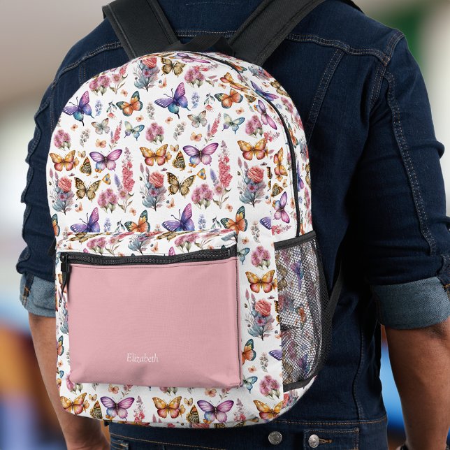 Pretty Watercolor Butterfly Floral Garden Pattern Printed Backpack (Creator Uploaded)