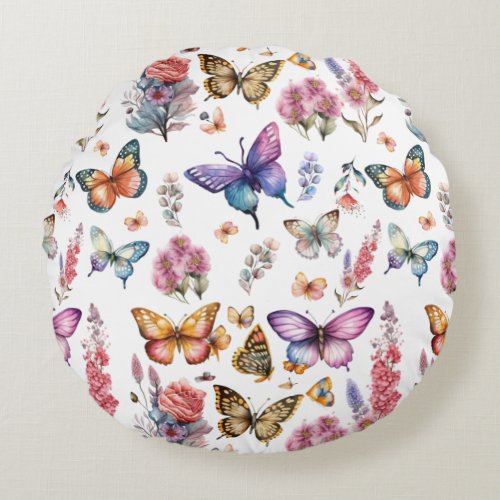 Pretty Watercolor Butterfly Floral Garden Pattern Round Pillow