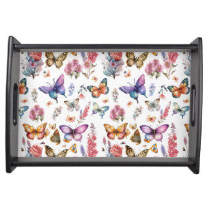 Pretty Watercolor Butterfly Floral Garden Pattern Serving Tray