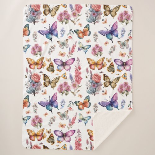 Pretty Watercolor Butterfly Floral Garden Pattern Sherpa Blanket