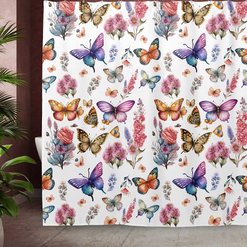 Pretty Watercolor Butterfly Floral Garden Pattern Shower Curtain