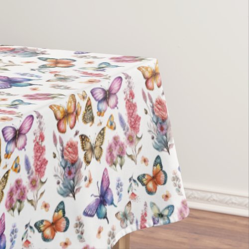 Pretty Watercolor Butterfly Floral Garden Pattern Tablecloth