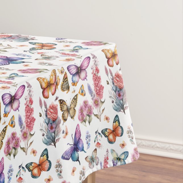 Pretty Watercolor Butterfly Floral Garden Pattern Tablecloth (In Situ)