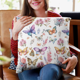 Pretty Watercolor Butterfly Floral Garden Pattern Throw Pillow