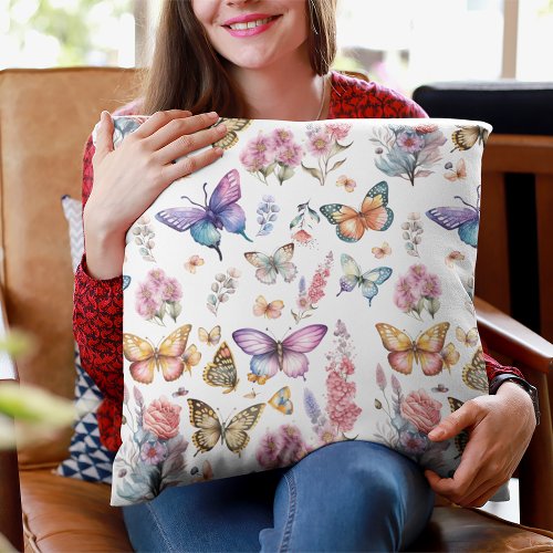 Pretty Watercolor Butterfly Floral Garden Pattern Throw Pillow
