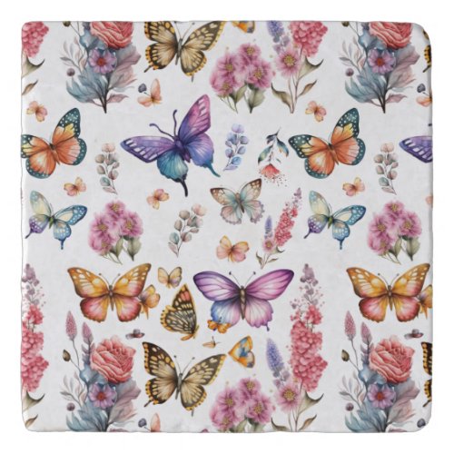 Pretty Watercolor Butterfly Floral Garden Pattern Trivet