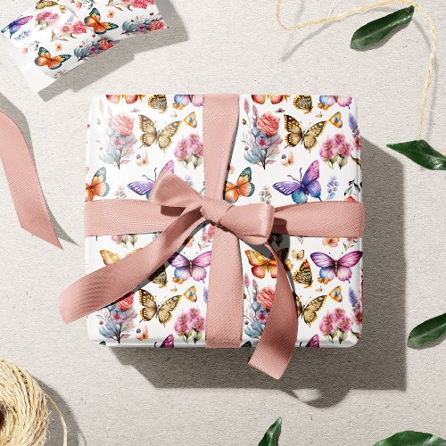 Pretty Watercolor Butterfly Floral Garden Pattern Wrapping Paper