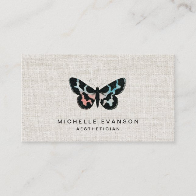 Pretty Watercolor Butterfly Logo Elegant Linen Business Card (Front)